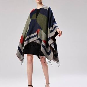 Urban CoCo Women's Printed Tassel Open Front Poncho Cape Wrap Gray Blue Green
